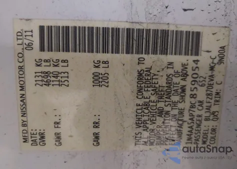 2011 Nissan Maxima 3.5 Sv from USA, damaged, VIN 1N4AA5AP7BC859054